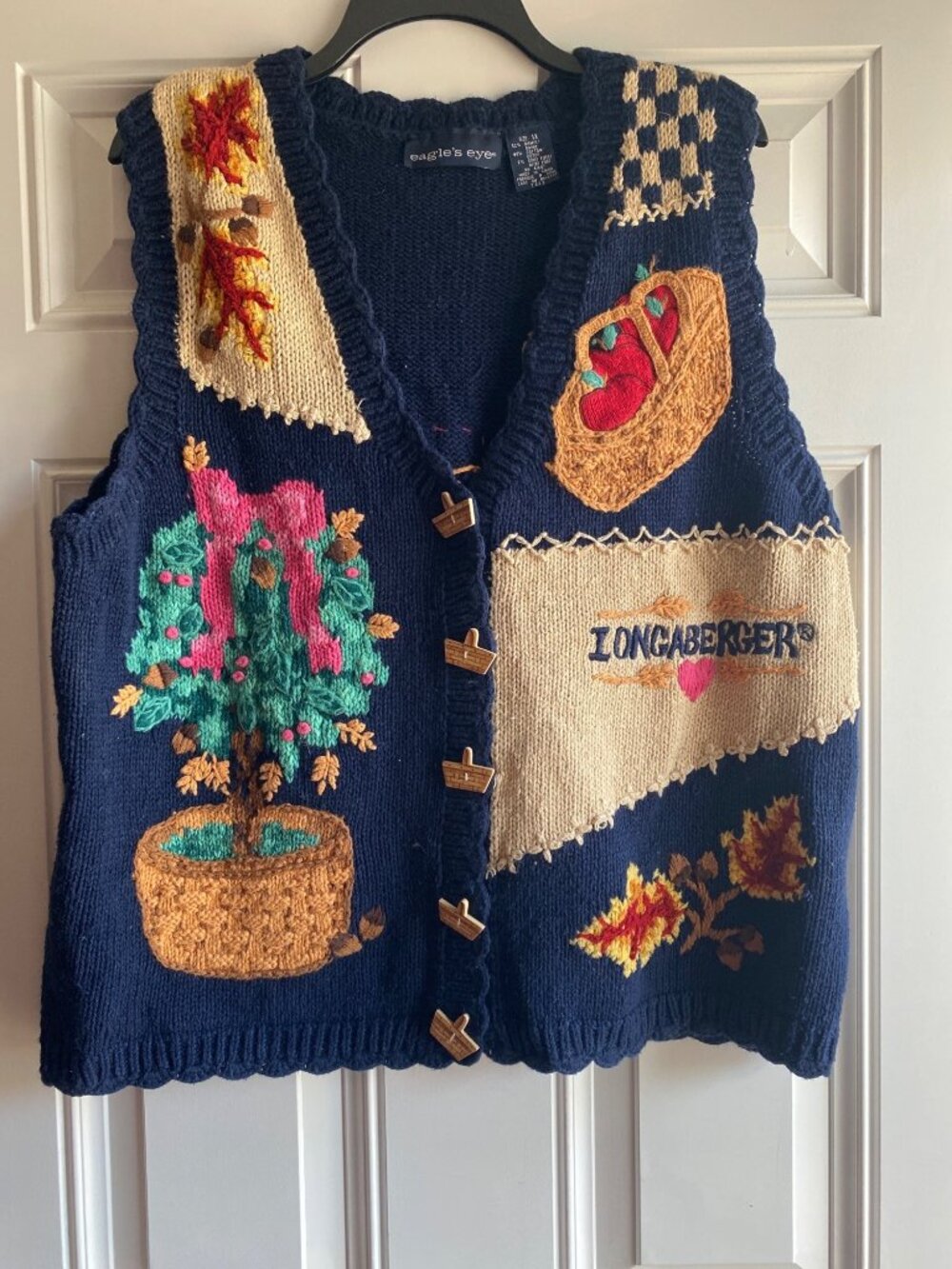 Eagles Eye Womens 1X Longaberger Knit Sweater Vest Basket & Fall Leaves Navy
